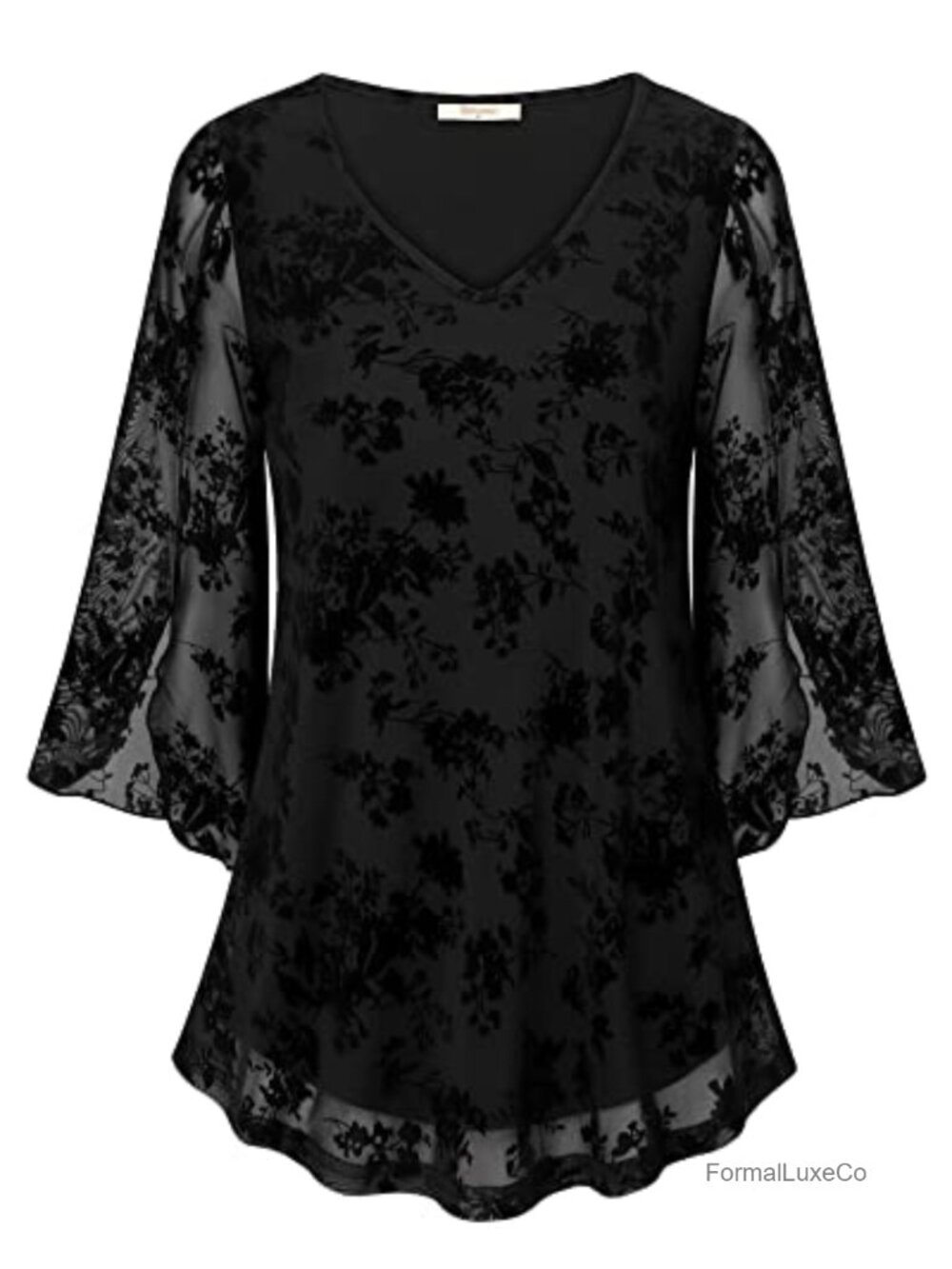 Womens Ruffle 3/4 Sleeve V Neck Double Layer Mesh Blouse Loose Fit Flowy Tunic